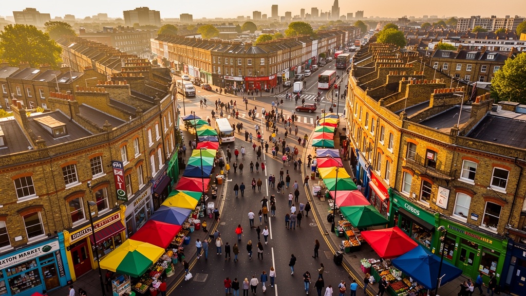 Aerial view of Brixton Market and Electric Avenue in South London showing the vibrant urban neighbourhood