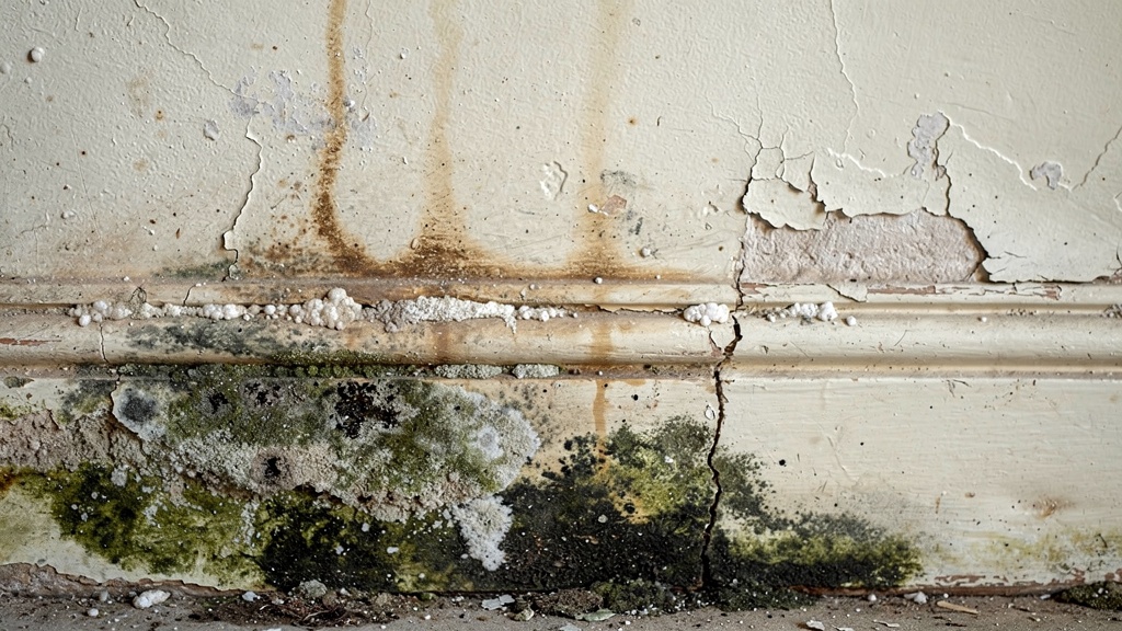 Rising damp and mould on a Victorian plaster wall in a British home