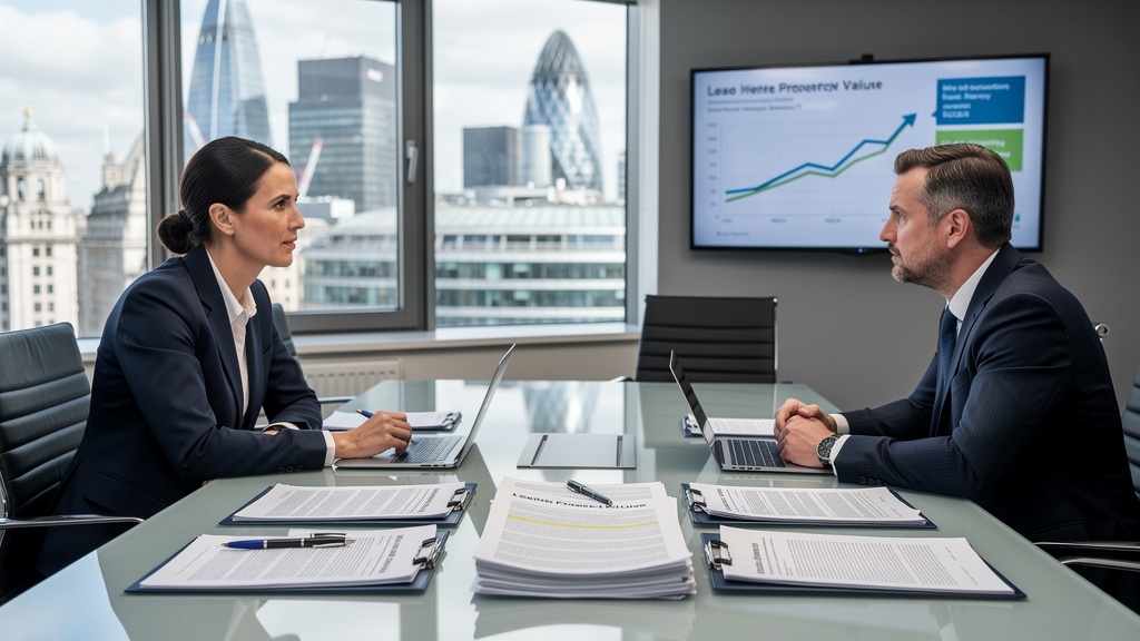Solicitor and property owner reviewing lease extension documents in London