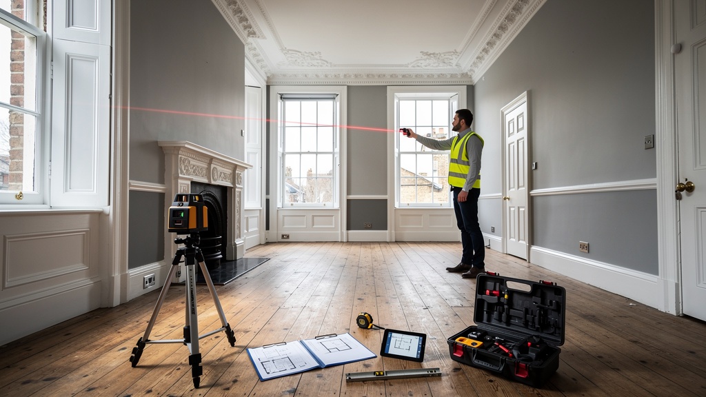 RICS surveyor measuring room dimensions in a Victorian London flat during a property valuation