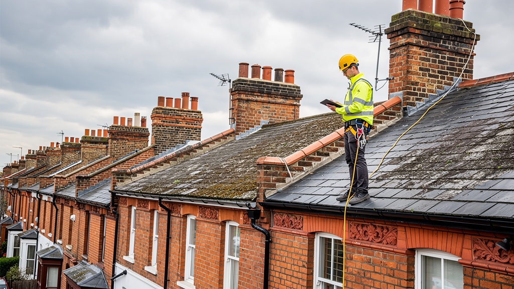 Building surveyor inspecting roof and chimney of a Victorian terraced house in London