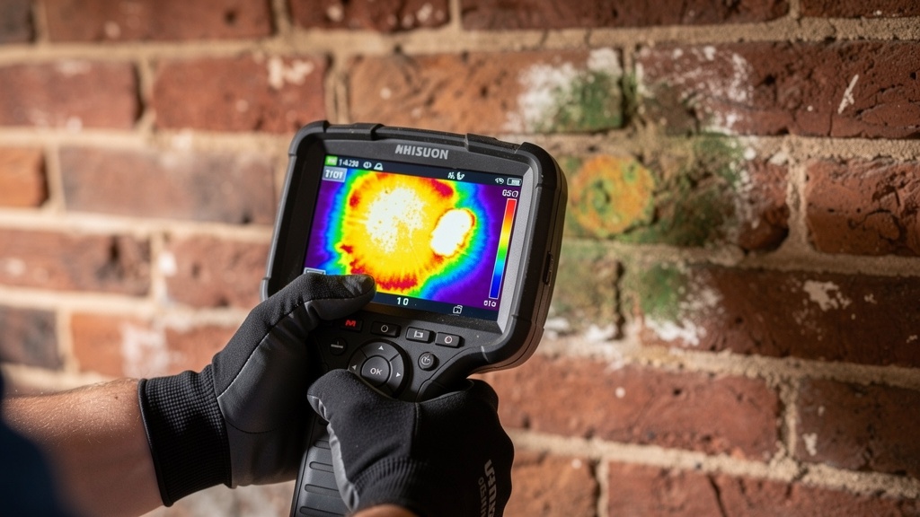 Thermal imaging camera showing heat loss in a Victorian property wall